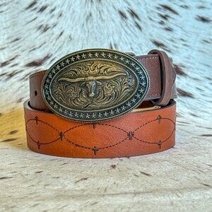 NEW Boy's/Girl's Brown Cross Stitch Star Longhorn Buckle Western Belt (Medium)